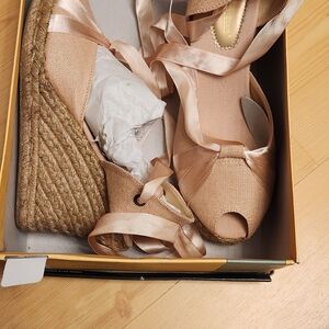 Montego Bay Club Blush Pink Espadrille Wedge Sandals with Satin Ankle Ties